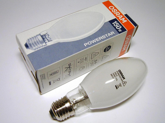 картинка OSRAM HQI E 150/WDL CL E27 12900lm d=55 l=141 прозрач ±360°